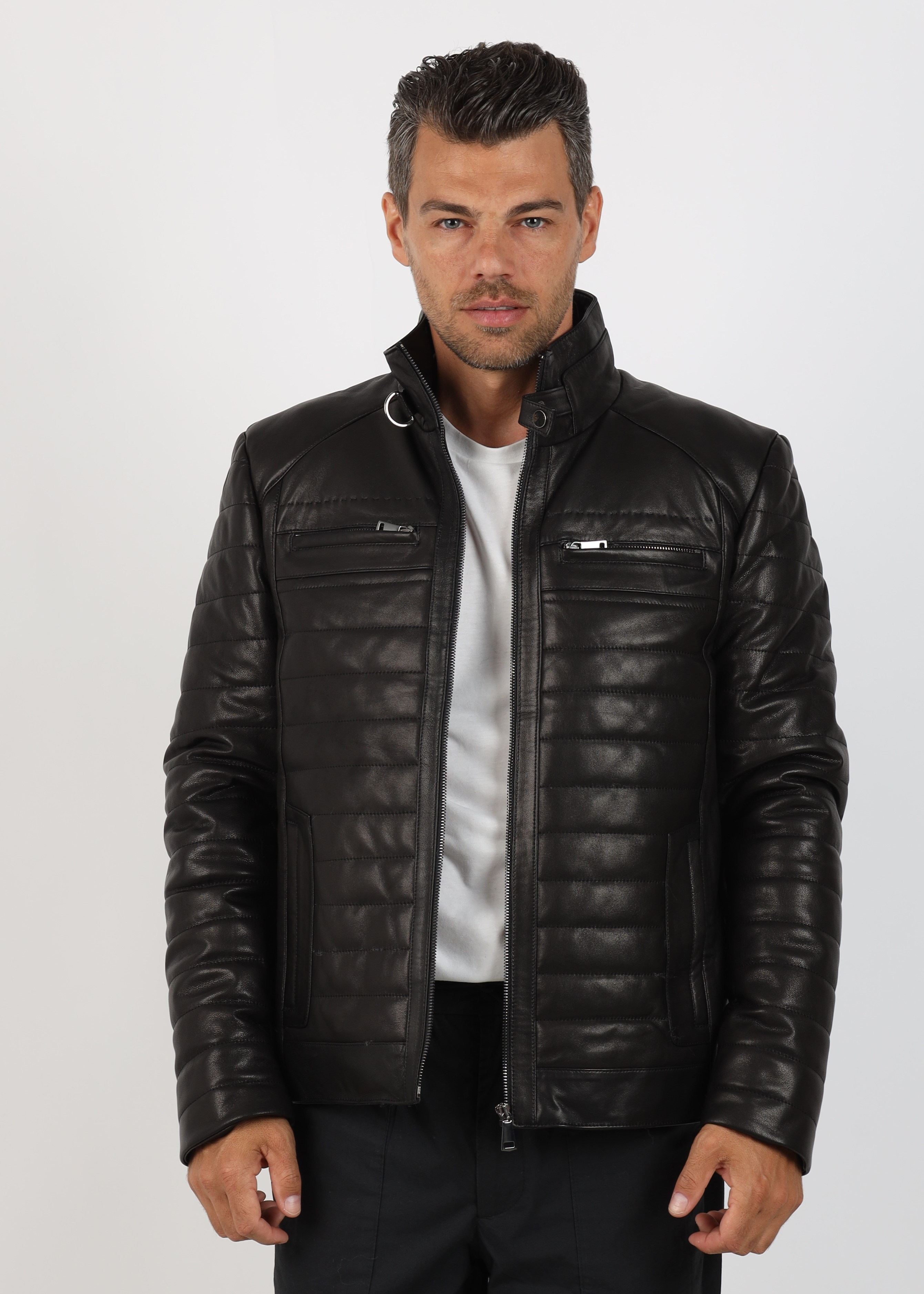 Geacă de Bărbați Matlasată din Piele de Miel Urban Model Valentin Negru - imagine 7