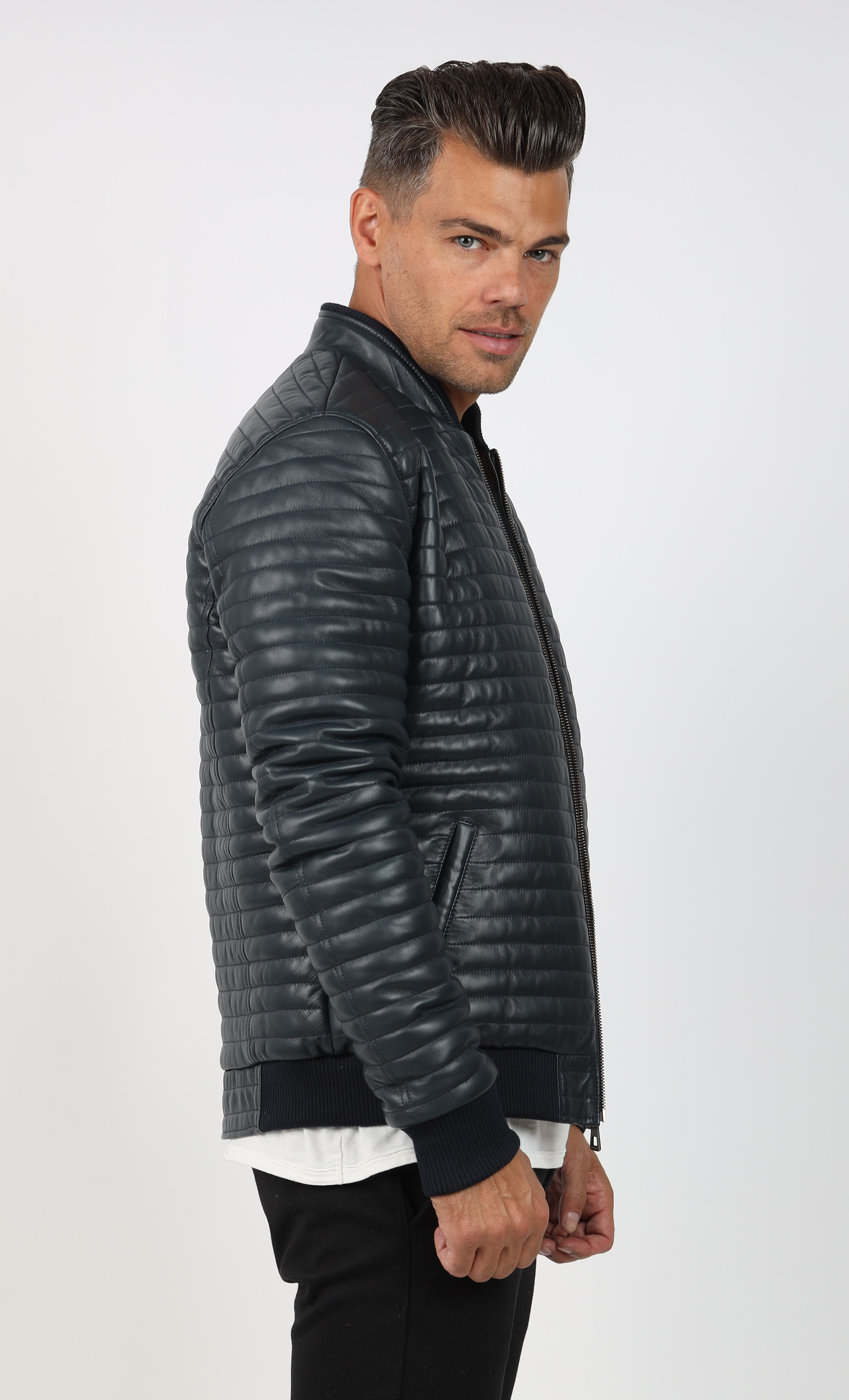 Geacă de Bărbați din Piele  Matlasată Bomber Model Adam Bleumarin - imagine 4