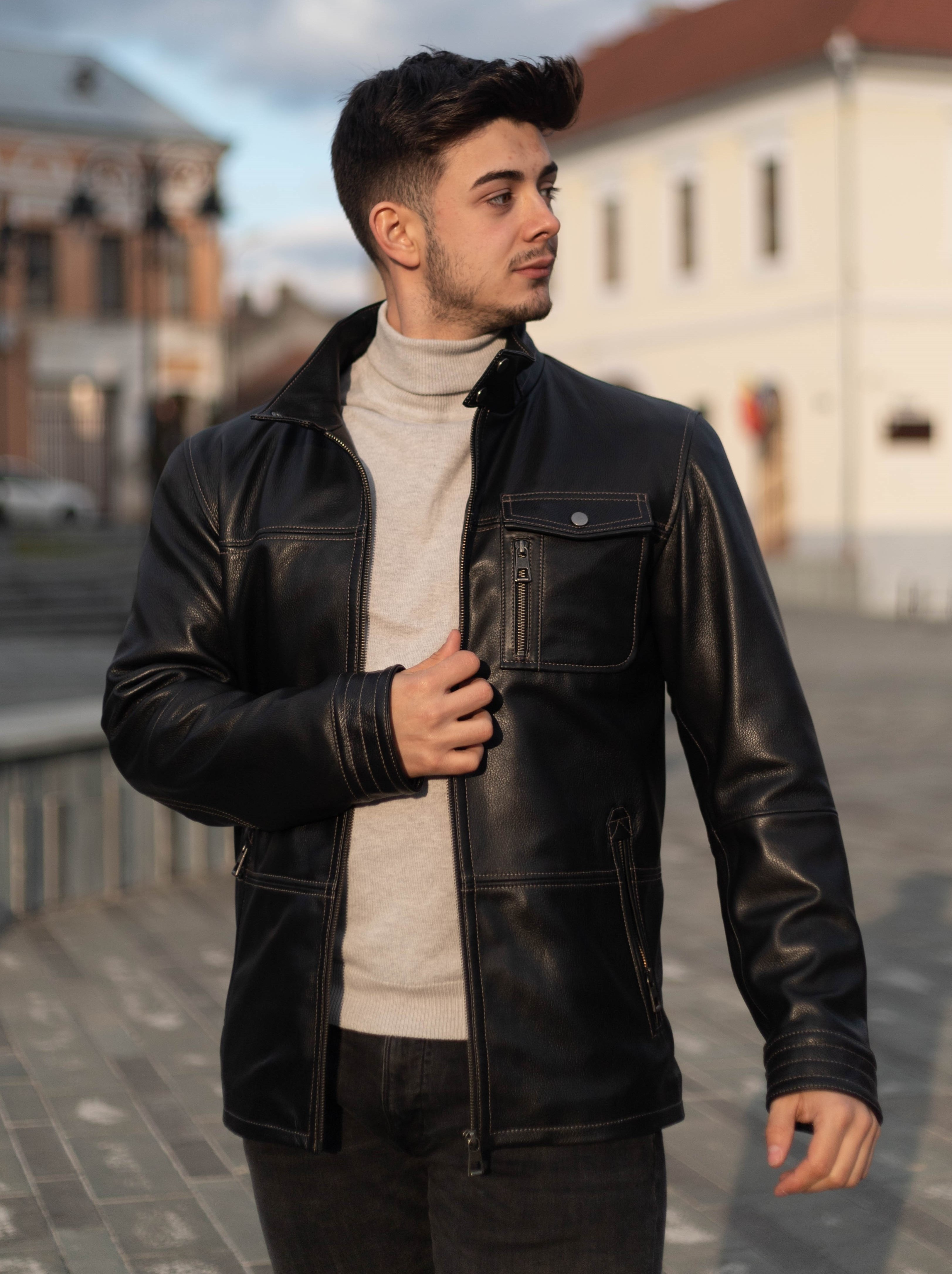 Geacă de Bărbați din Piele de Miel Tip Sacou Model Gabriel Negru - imagine 1