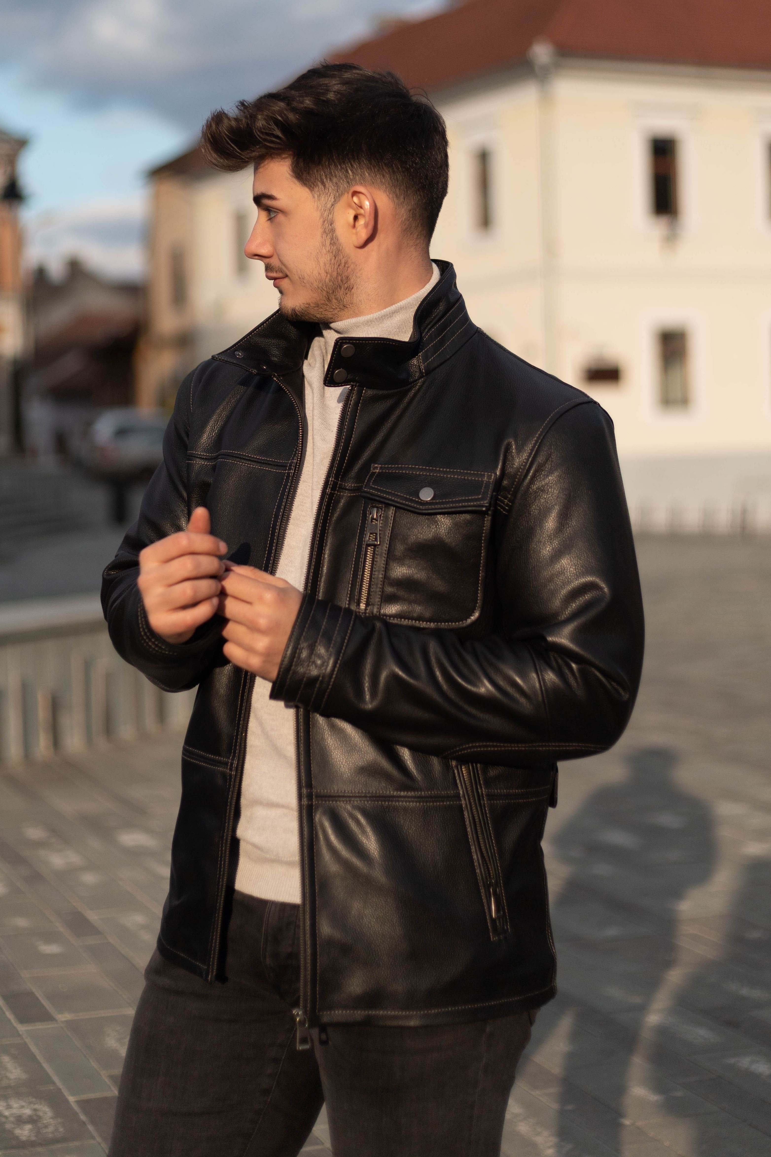 Geacă de Bărbați din Piele de Miel Tip Sacou Model Gabriel Negru - imagine 5