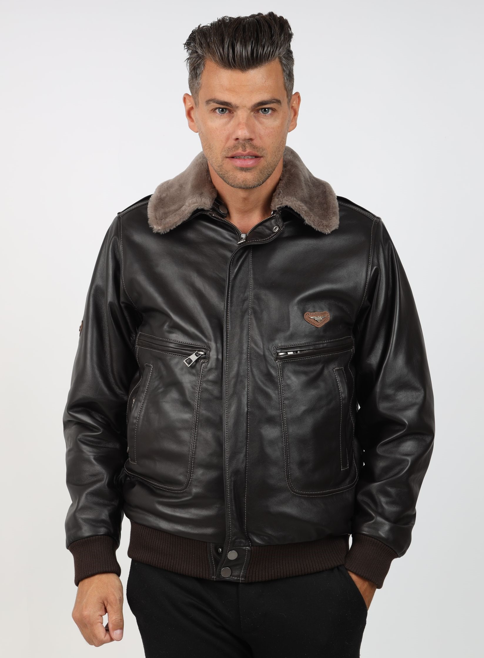 Geacă de Bărbați Tip Pilot Din Piele de Miel cu Guler Detașabil de Blană Model Aviator GB 1 - imagine 3