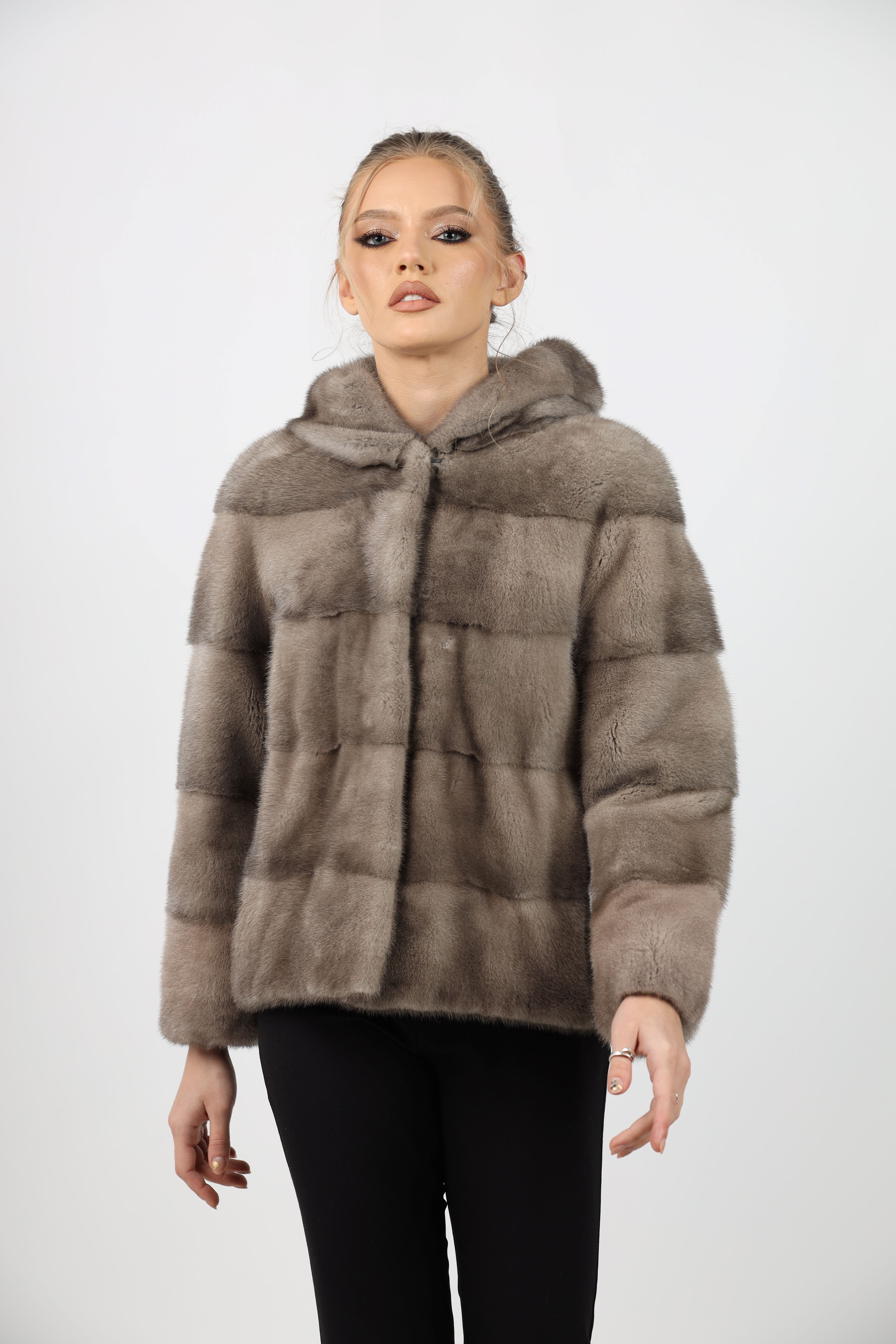 Haină de Damă din Blană de Nurcă cu Glugă Model Vizon Zefir - imagine 6
