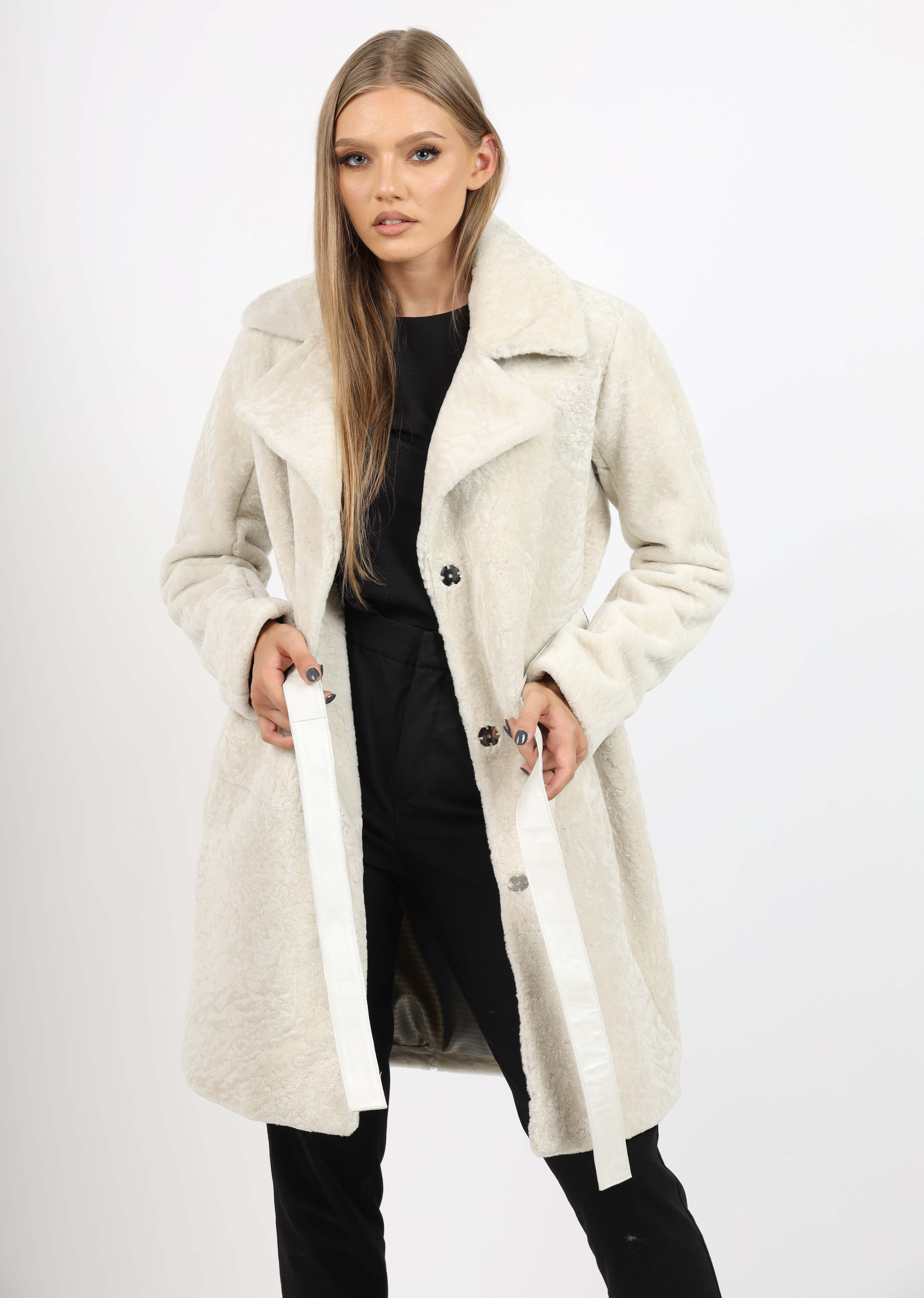 Cojoc de Damă din Blană de Miel Australian cu Revere Tip Palton Model Elara Crem - imagine 1