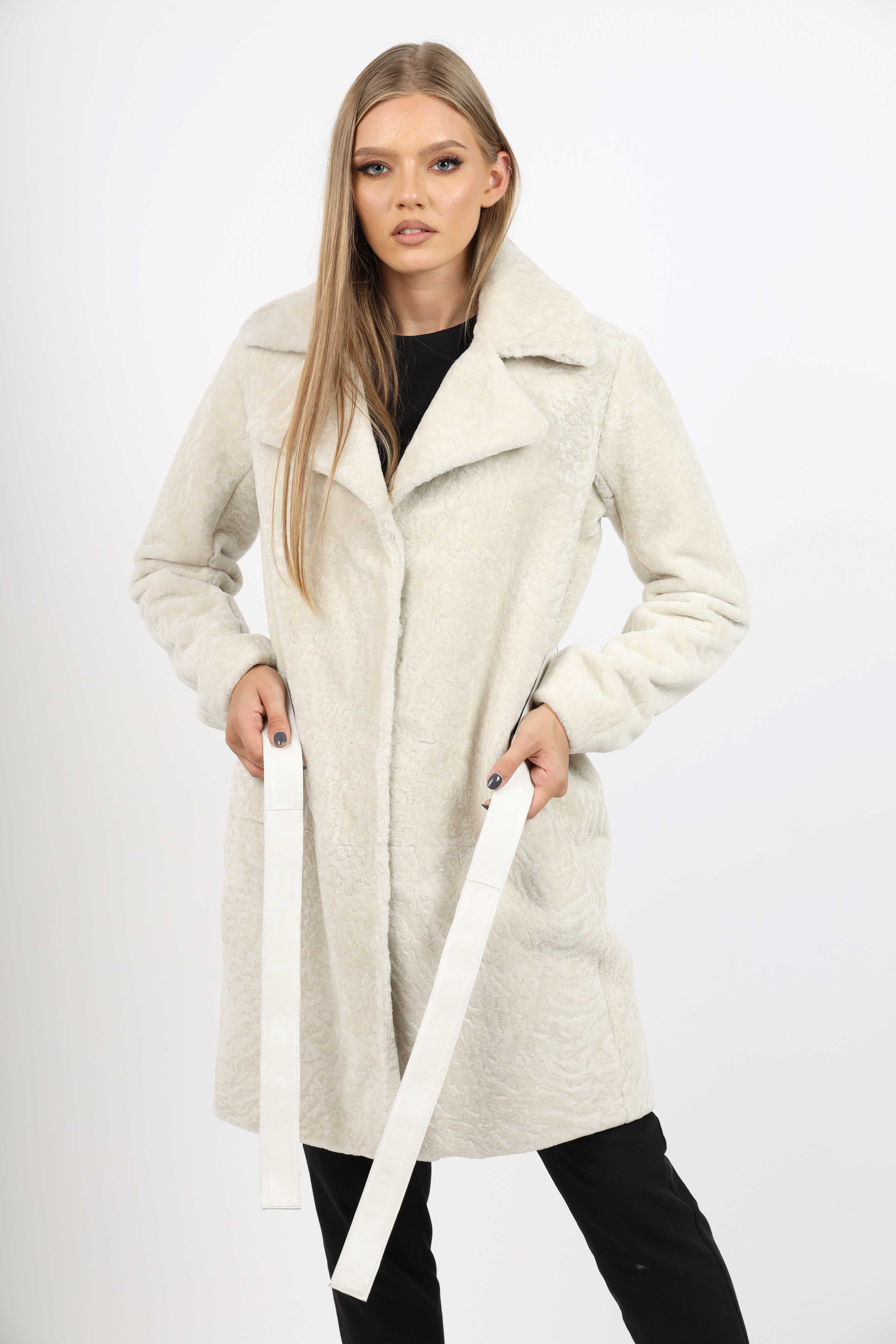 Cojoc de Damă din Blană de Miel Australian cu Revere Tip Palton Model Elara Crem - imagine 2