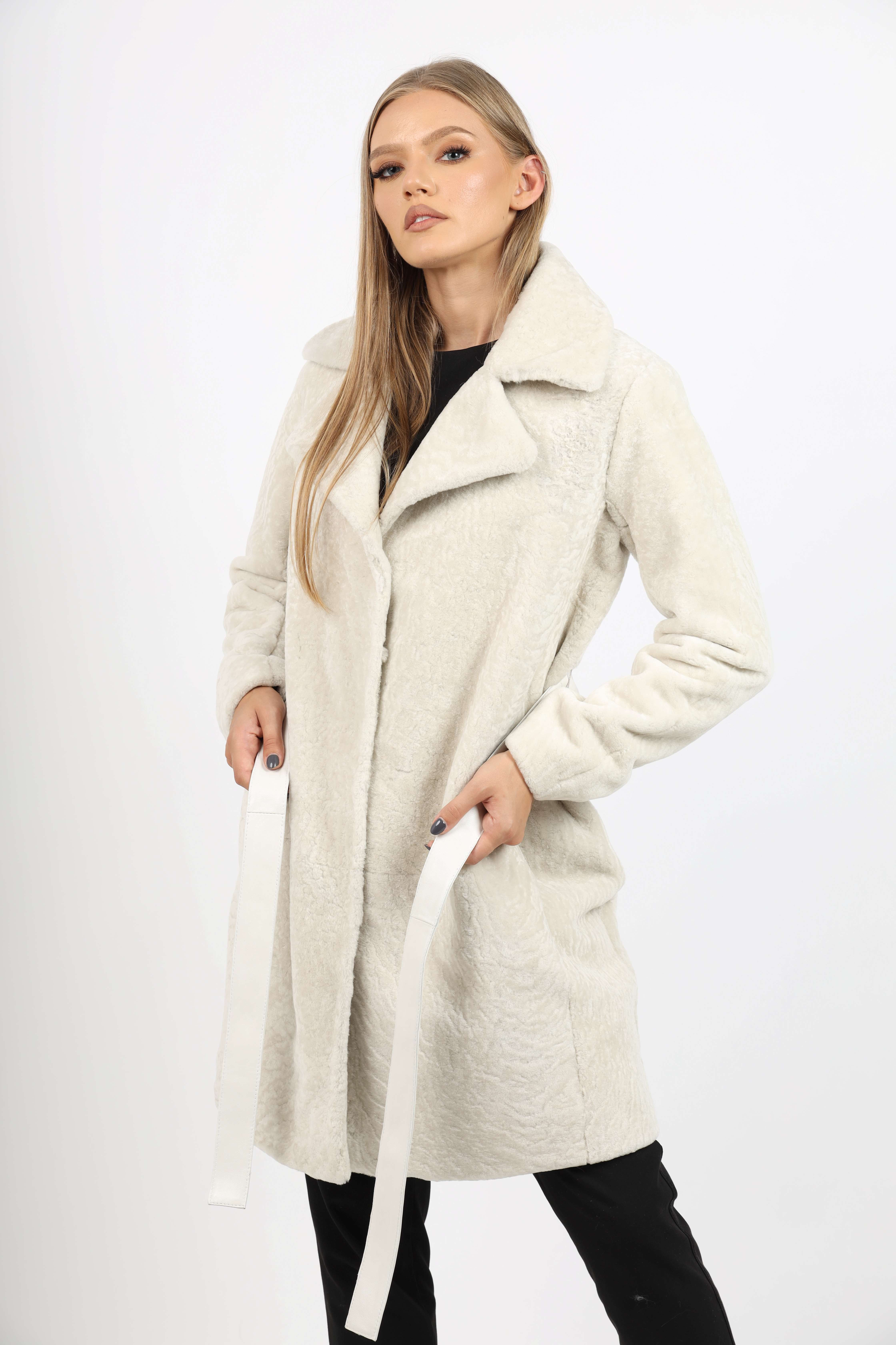 Cojoc de Damă din Blană de Miel Australian cu Revere Tip Palton Model Elara Crem - imagine 5