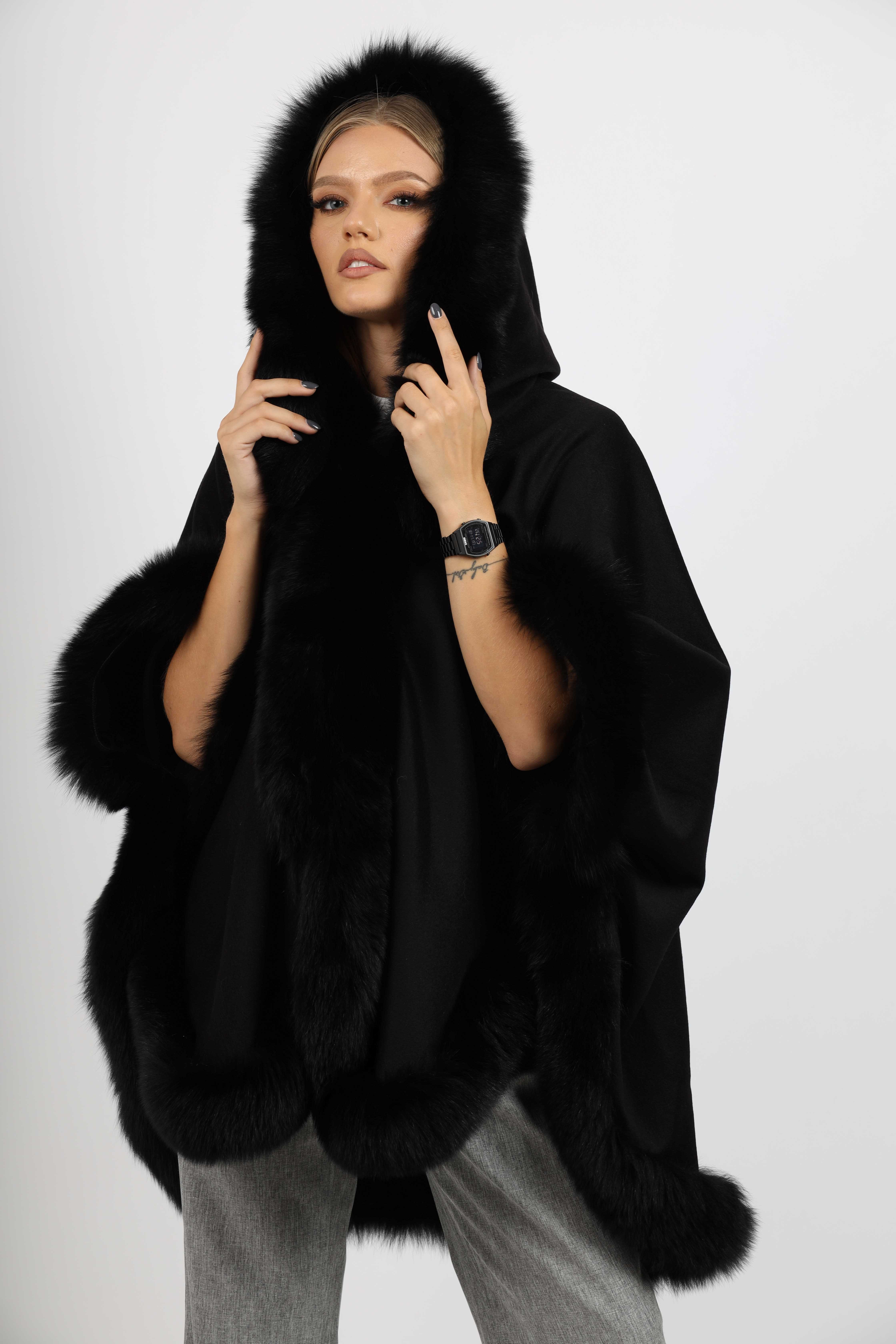 Poncho de Damă din Stofă de Cașmir și Vulpe Argintie cu Glugă Negru - imagine 1