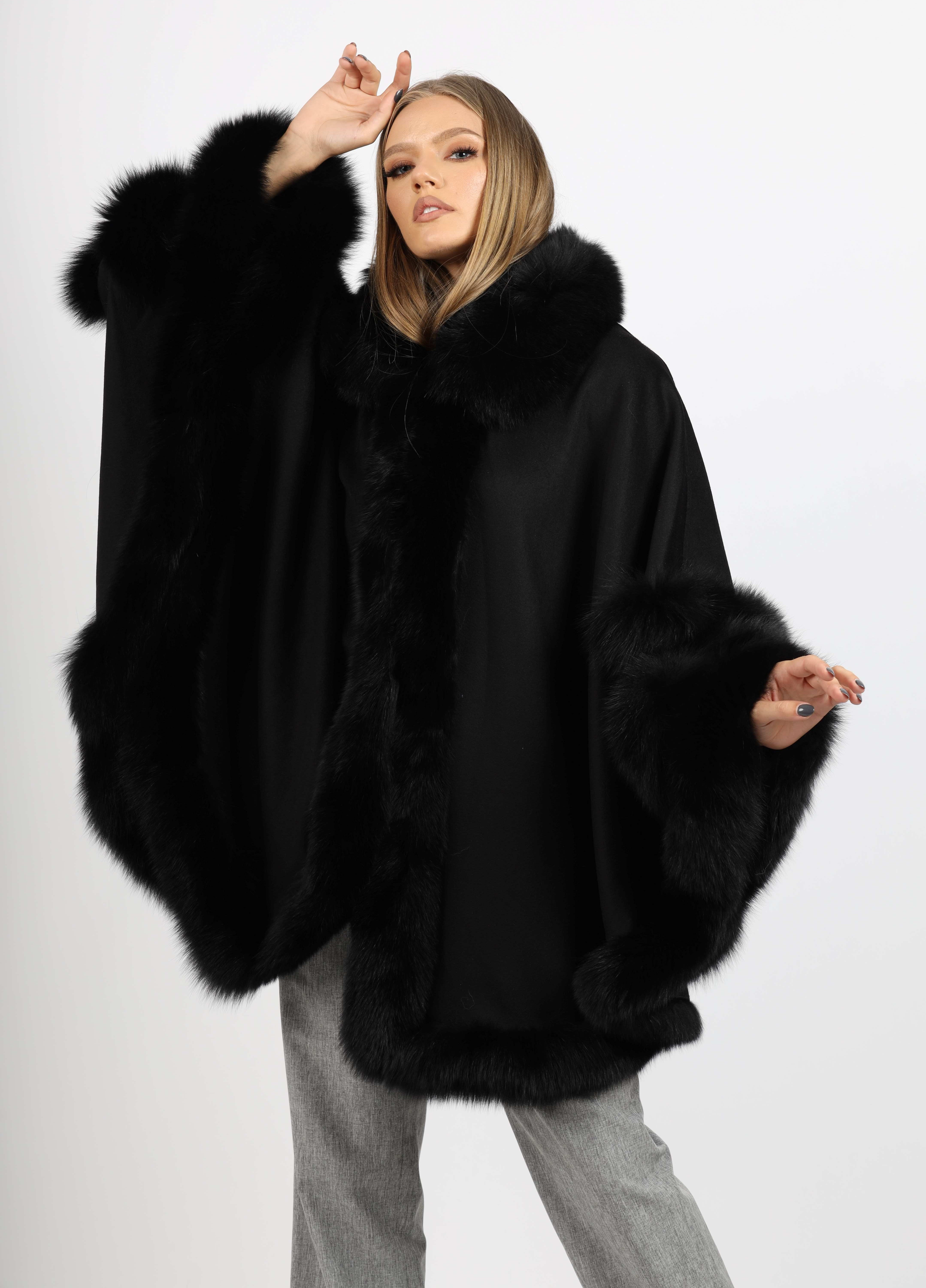 Poncho de Damă din Stofă de Cașmir și Lână și Vulpe Argintie Negru - imagine 1