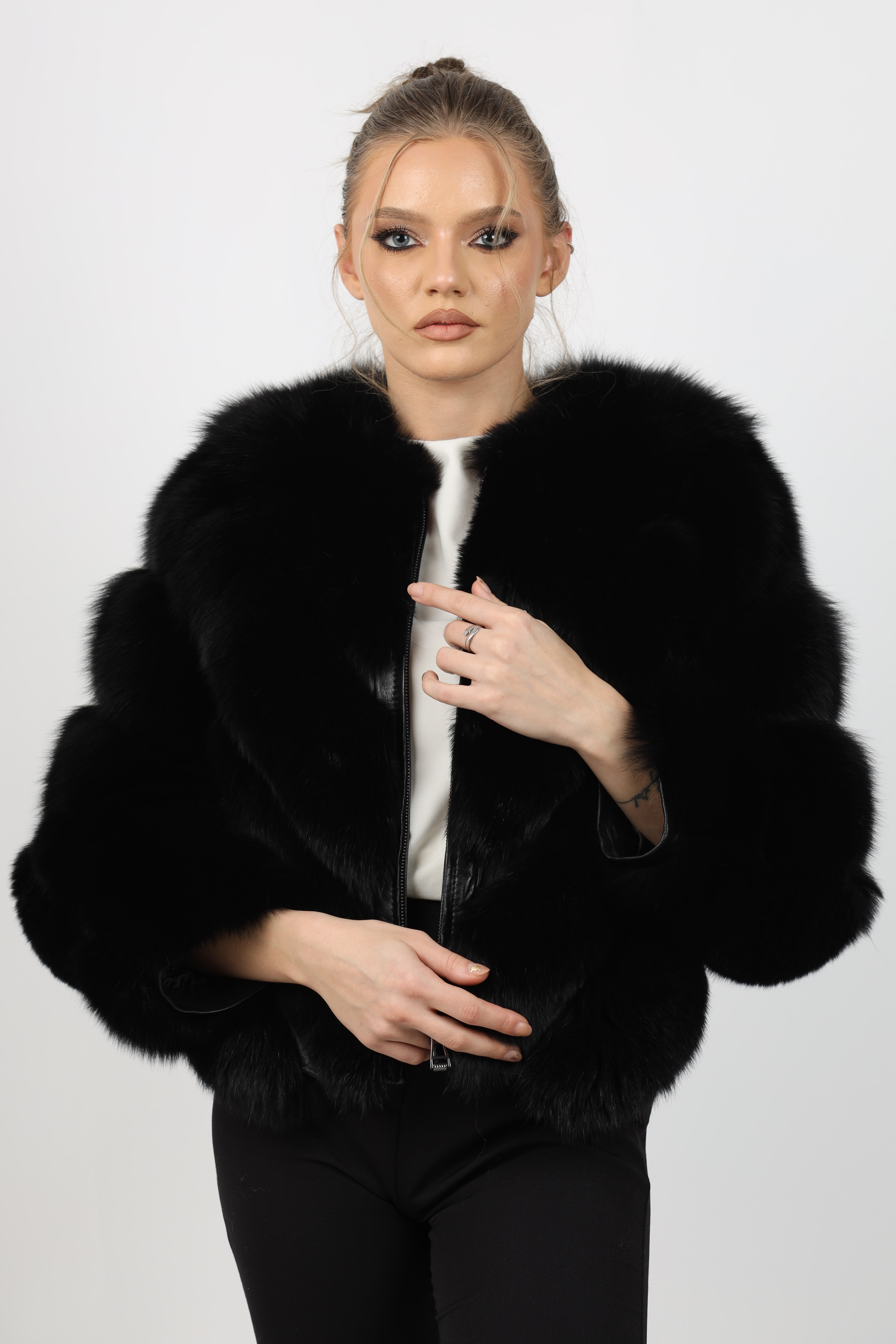 Haină de Damă din Blană de Vulpe Argintie Model Sonia 03 Negru - imagine 6