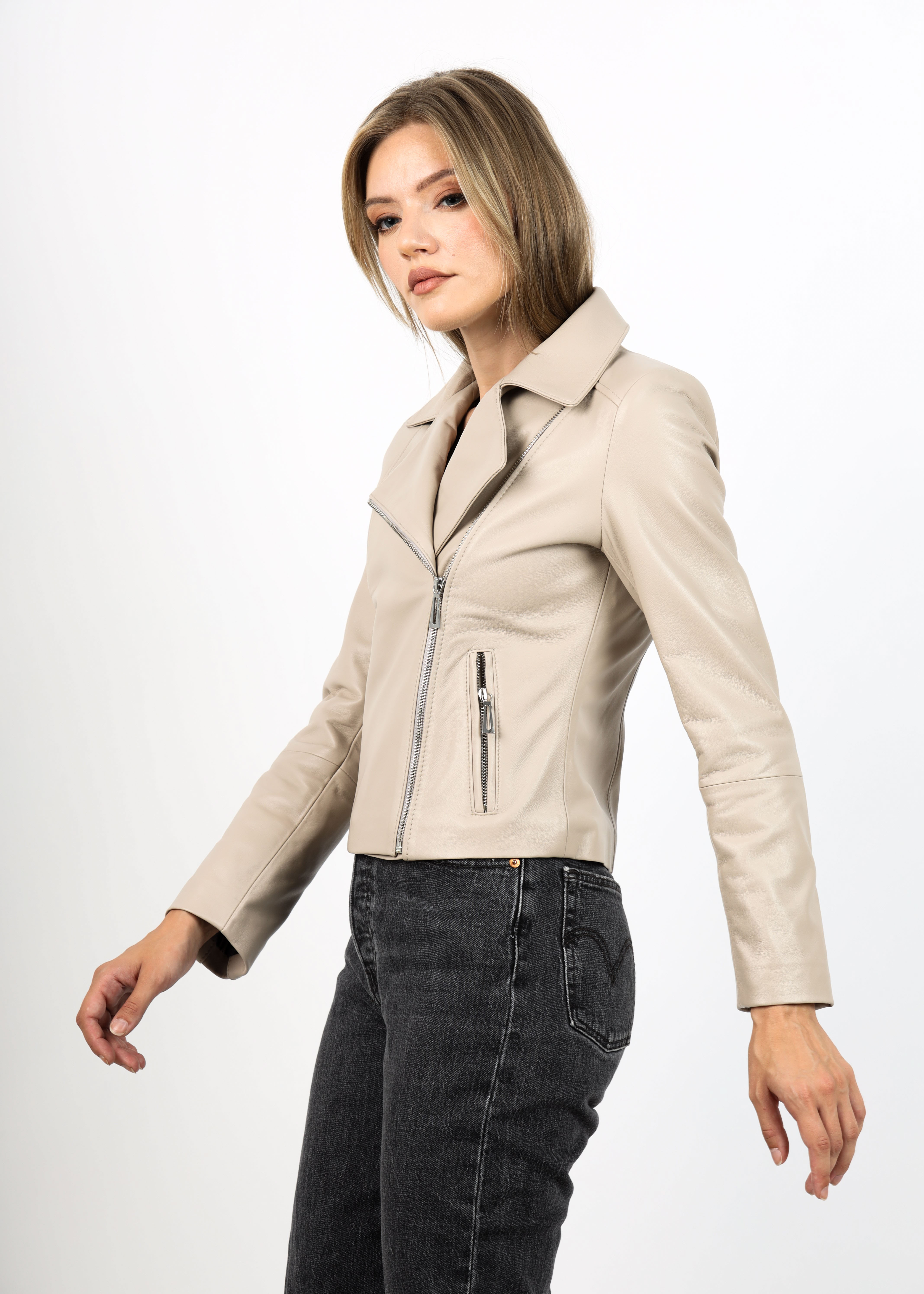 Geacă de Damă din Piele de Miel Model Urban Giovana Crem - imagine 5