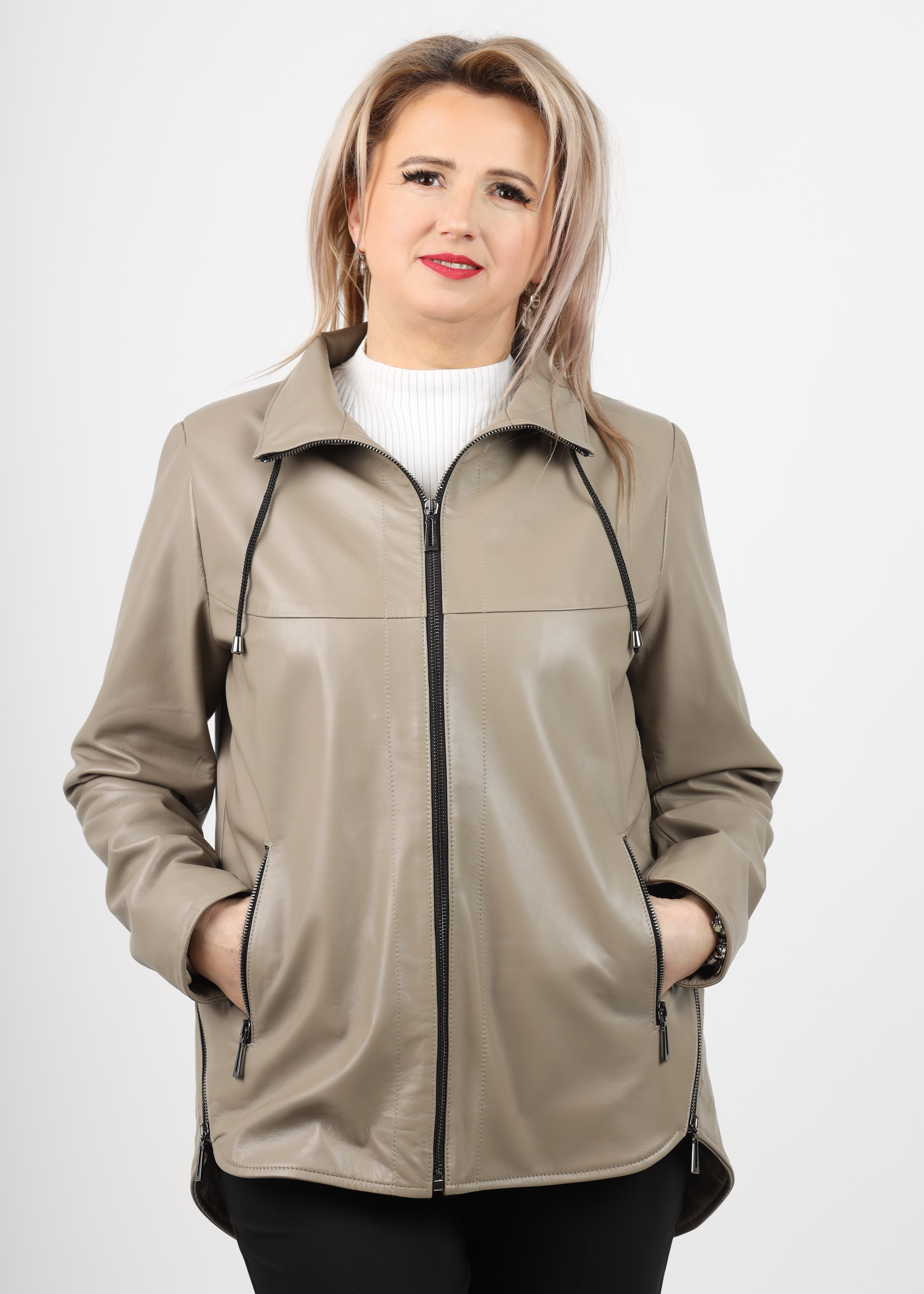 Geacă de Damă din Piele de Miel cu Jnur Reglabil în Talie Model Lidia Crem - imagine 1