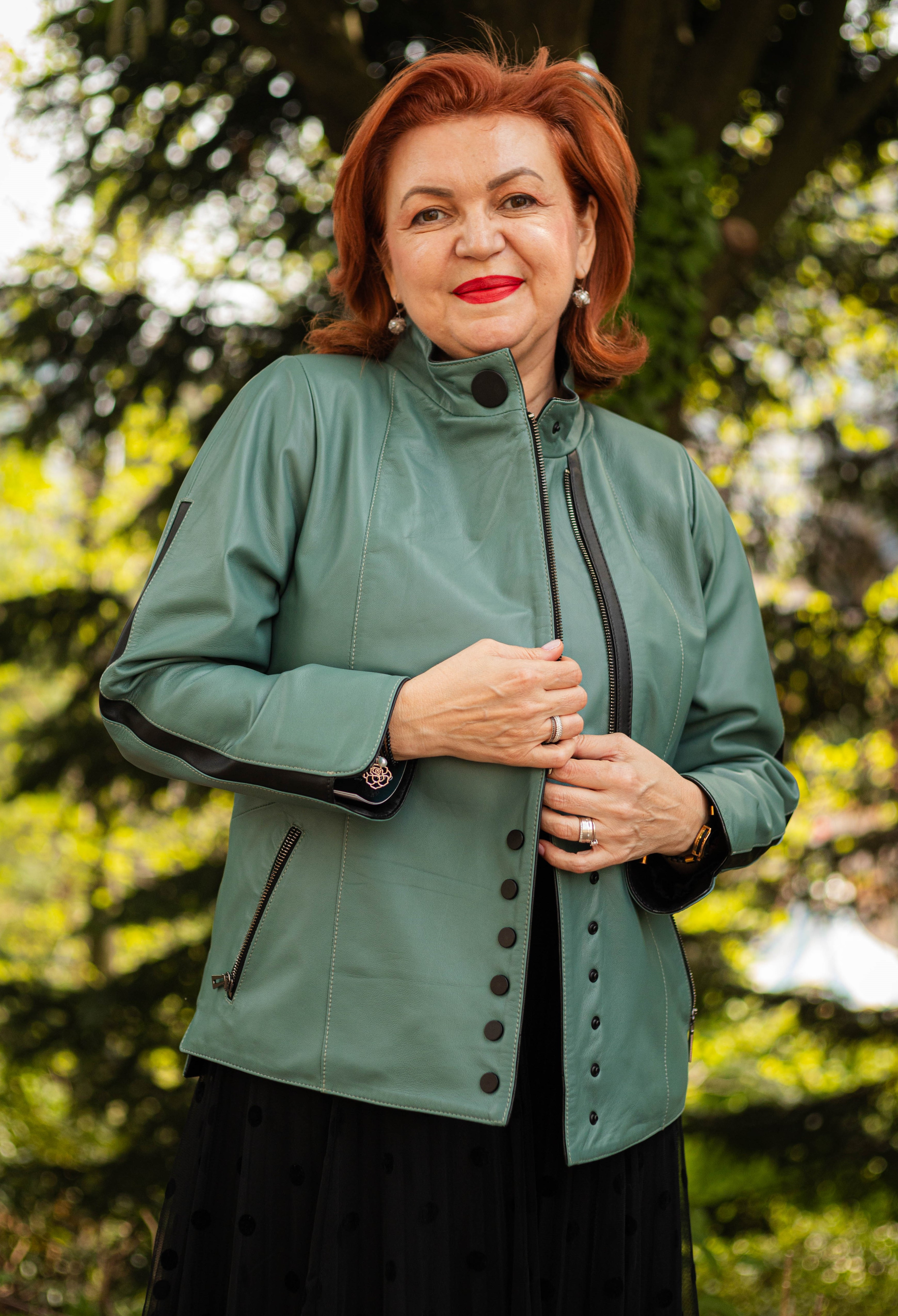 Geacă de Damă din Piele de Miel cu Fermoar și Butoni Model Demetra Verde - imagine 1