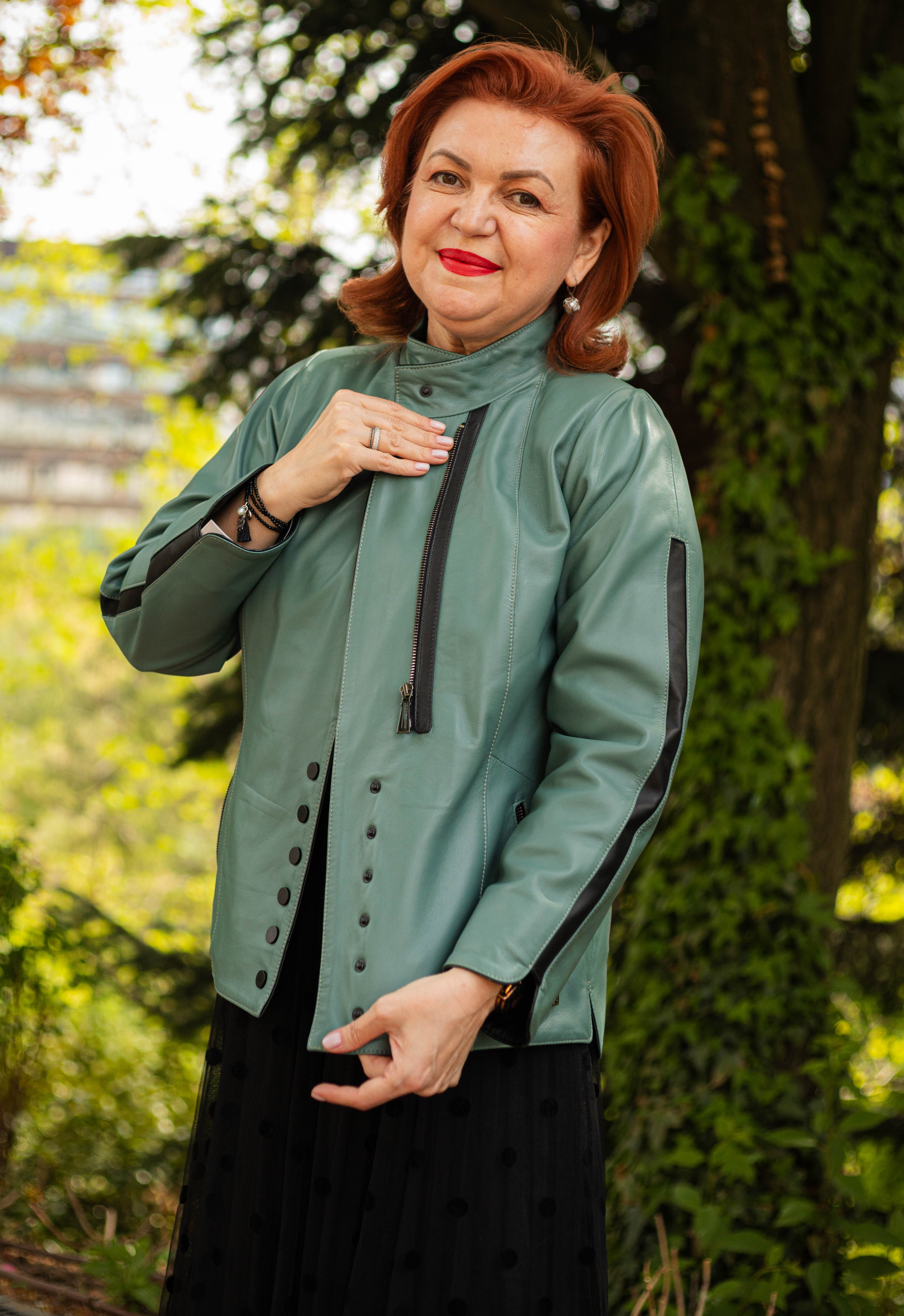 Geacă de Damă din Piele de Miel cu Fermoar și Butoni Model Demetra Verde - imagine 9