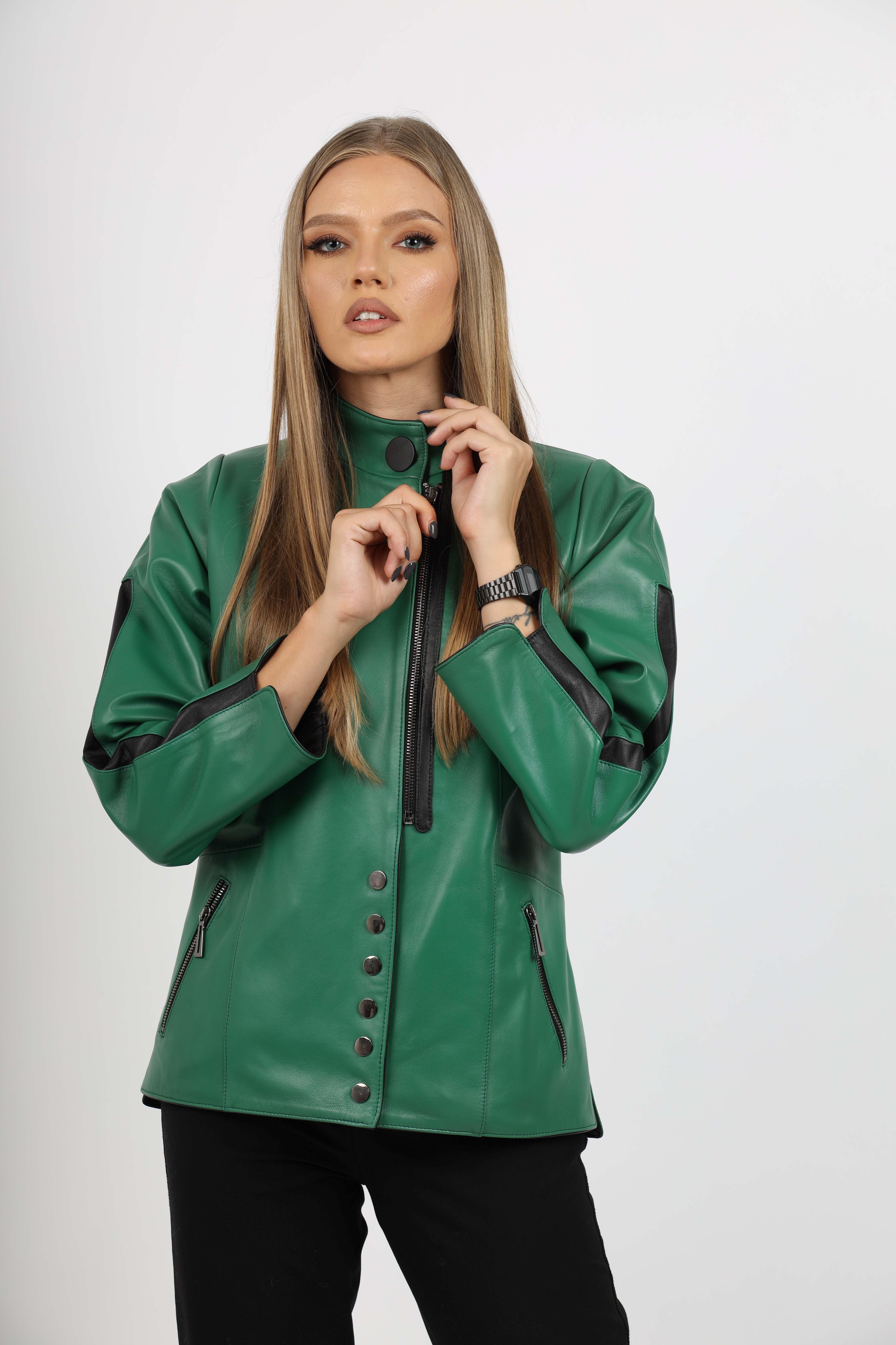 Geacă de Damă din Piele de Miel cu Fermoar și Butoni Model Demetra Verde Mentă - imagine 2