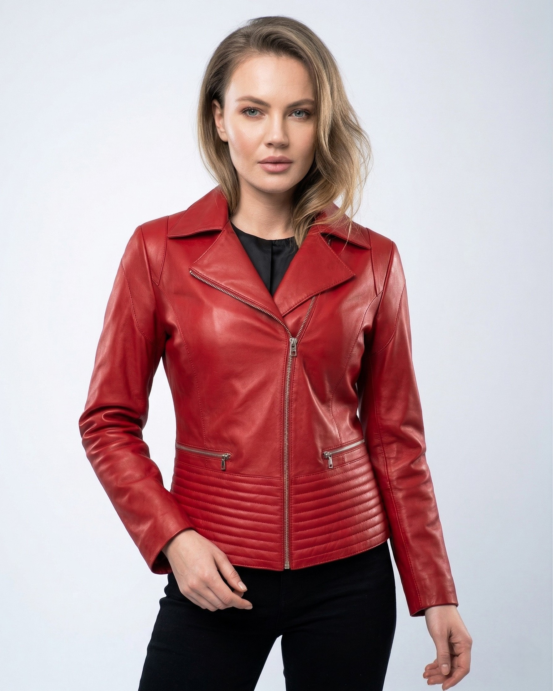 Geacă de Damă din Piele de Miel cu Revere Model Urban Elsa Roșu - imagine 1