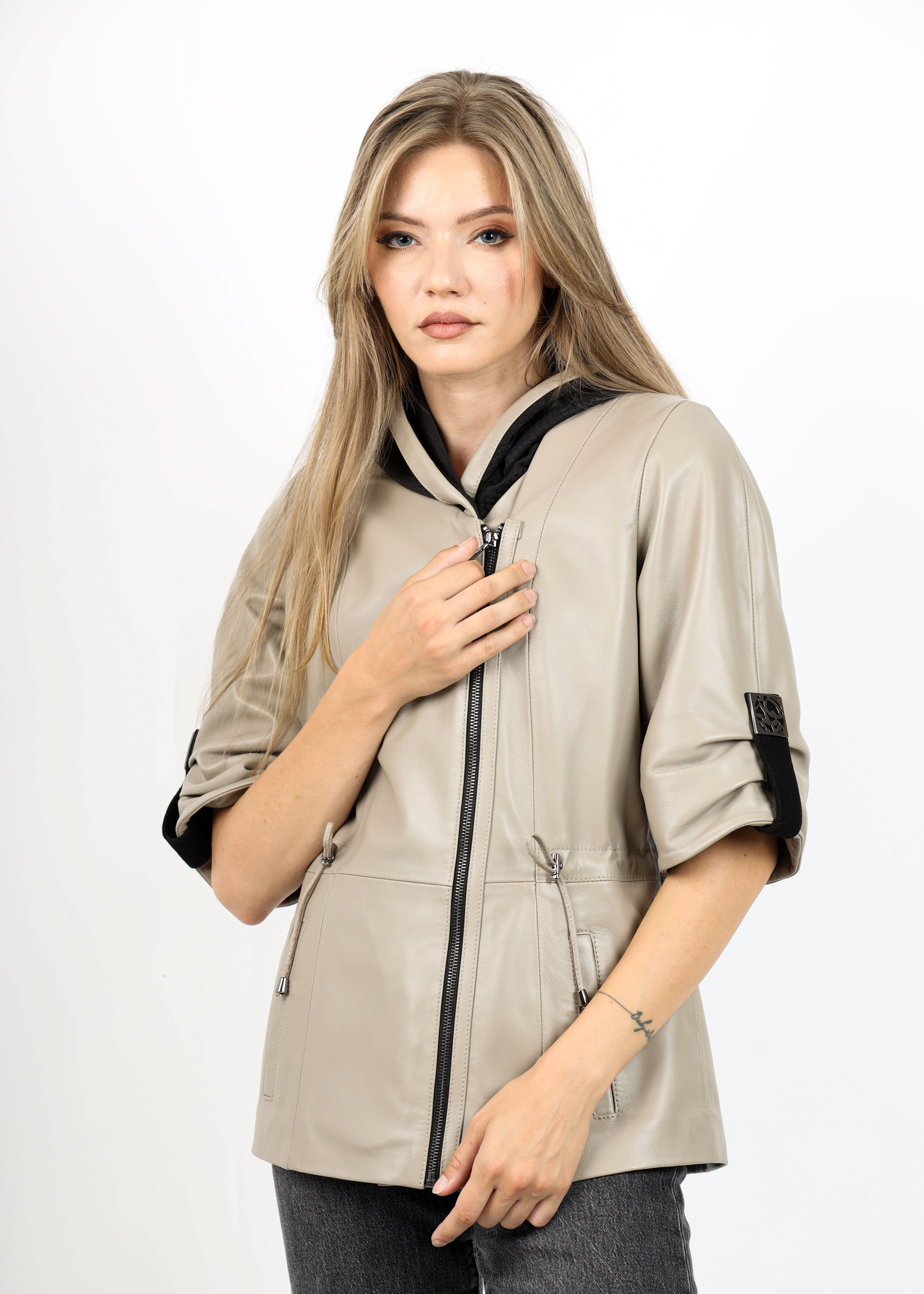 Geacă de Damă din Piele de Miel și Glugă și Manșete din Tricot Model Elvira Crem - imagine 5