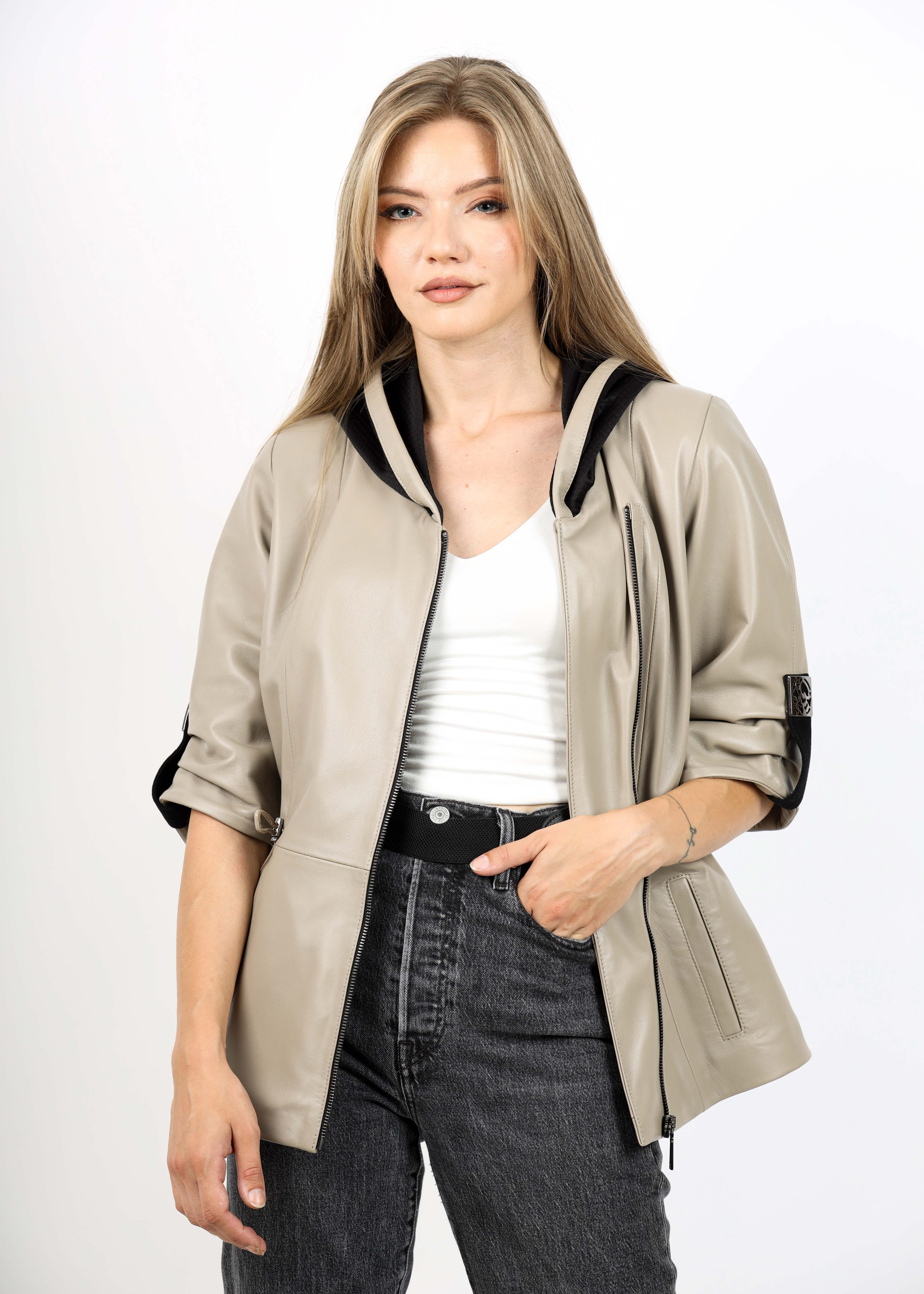 Geacă de Damă din Piele de Miel și Glugă și Manșete din Tricot Model Elvira Crem - imagine 8