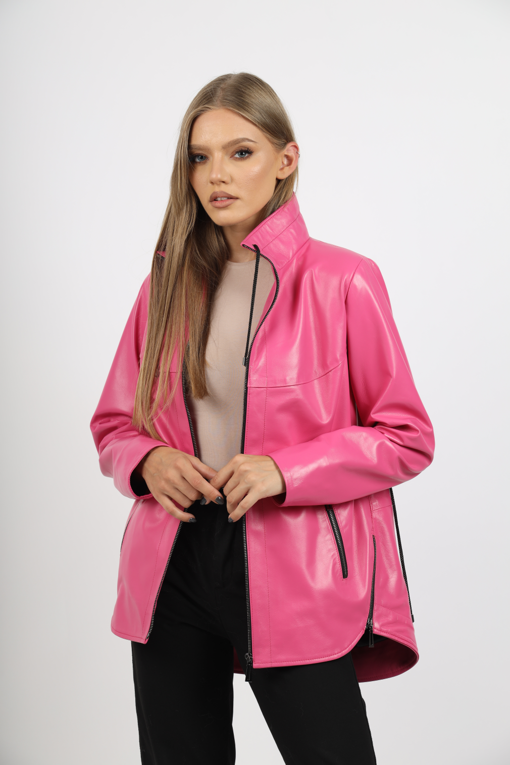 Geacă de Damă din Piele de Miel cu Jnur Reglabil în Talie Model Lidia Barbie Pink - imagine 1