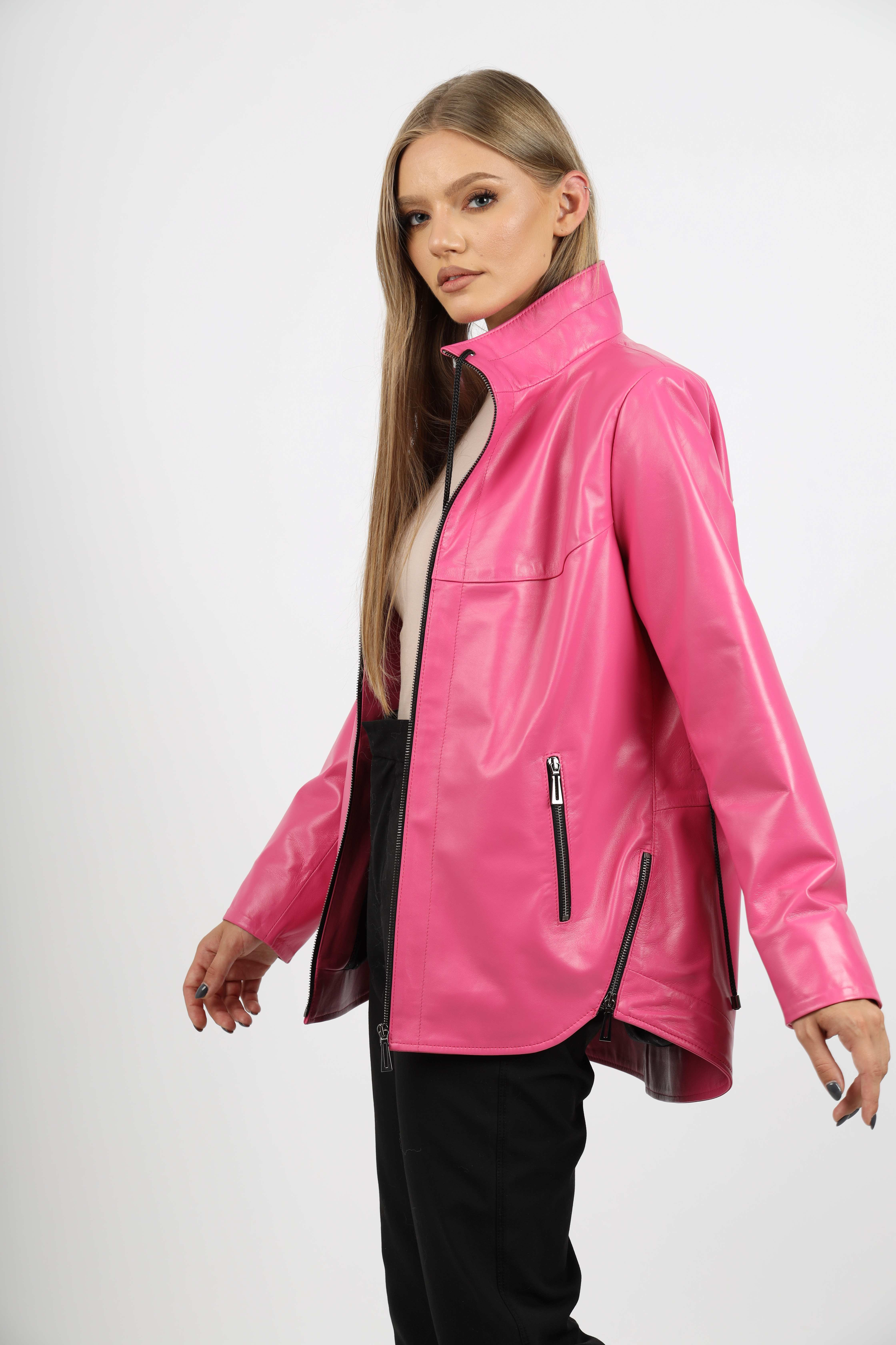 Geacă de Damă din Piele de Miel cu Jnur Reglabil în Talie Model Lidia Barbie Pink - imagine 3