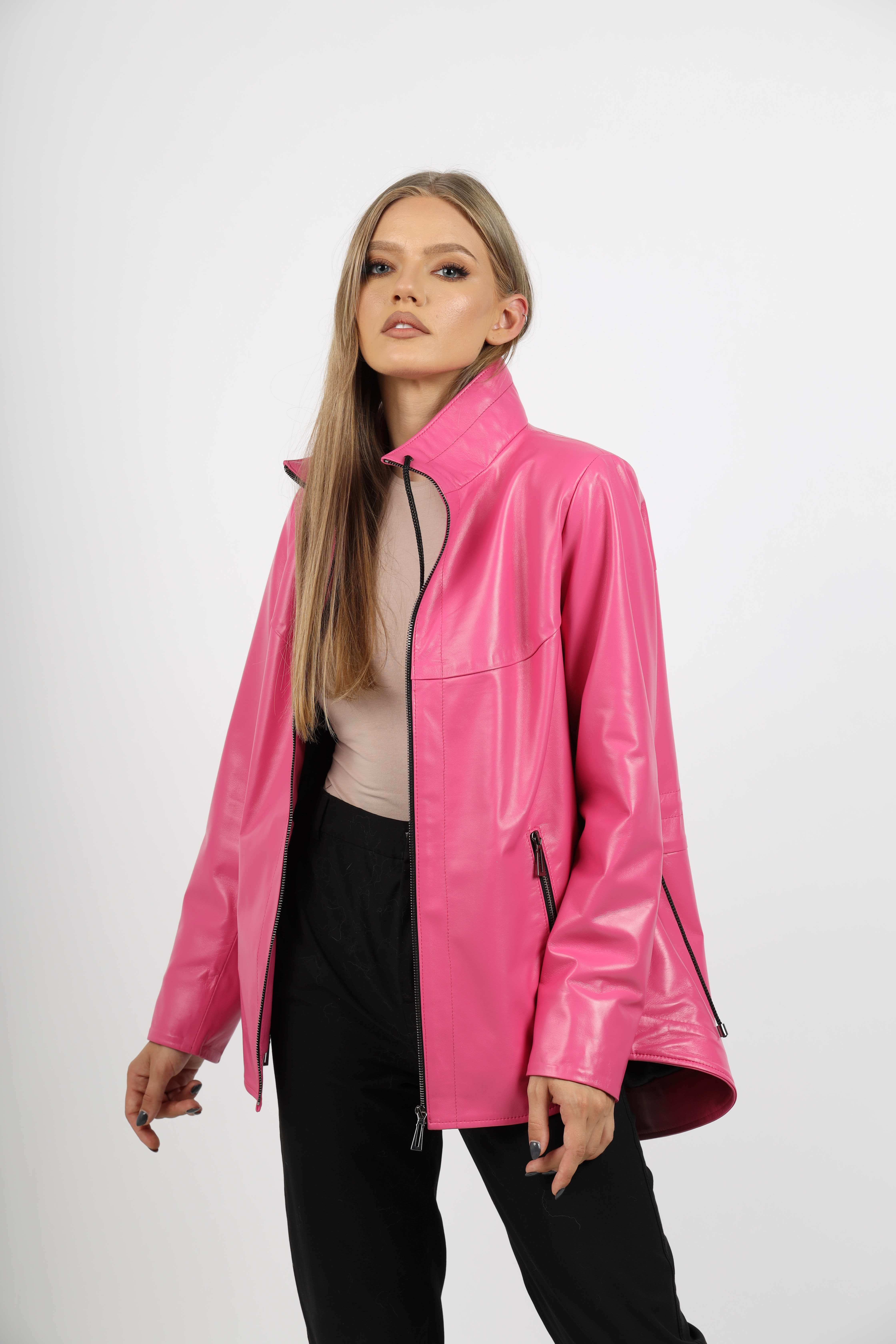 Geacă de Damă din Piele de Miel cu Jnur Reglabil în Talie Model Lidia Barbie Pink - imagine 5